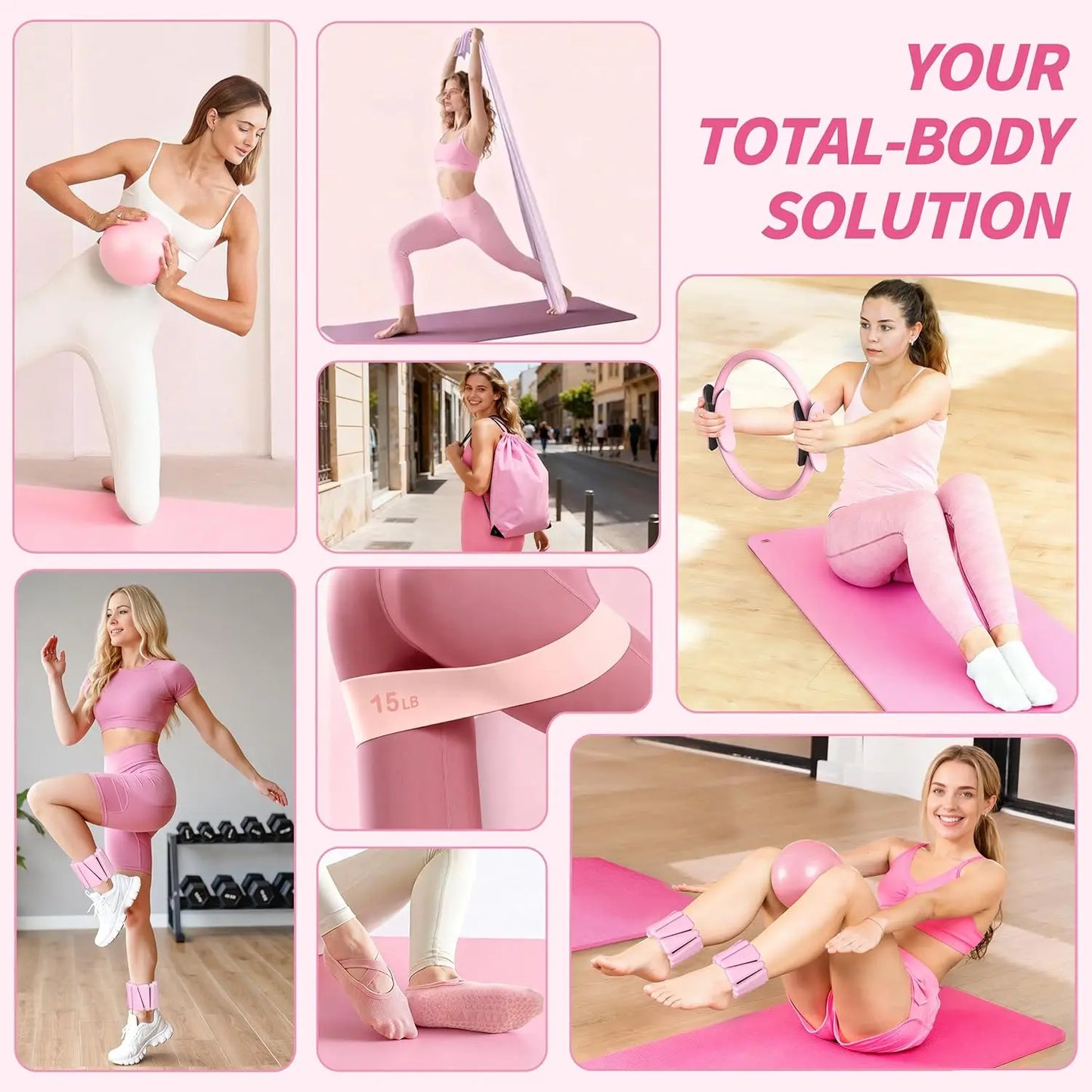 Pilates Kit for Women: 14.5" Ring, Ball, Bands, Weights, Sliders & Socks - Home Workout Starter Set