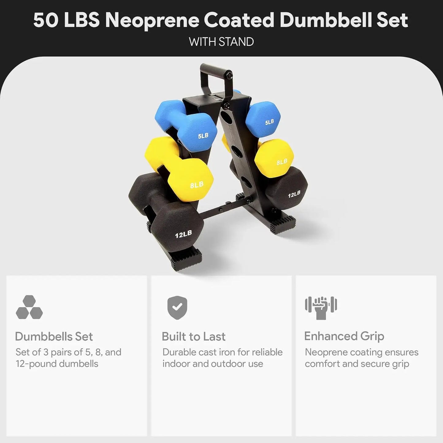 Hexagon Rubber Coated Dumbbell Set with Storage Rack, 100LB/150LB/200LB Options for Home Gym Workouts