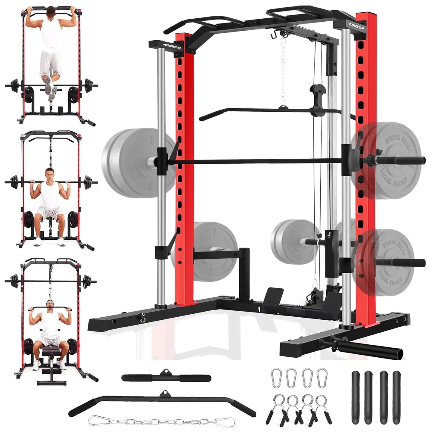 All-in-One Smith Machine Power Rack with LAT Pull Down System, Pull Up Bar, Barbell Bar, Plate Storage Pegs and, Customized