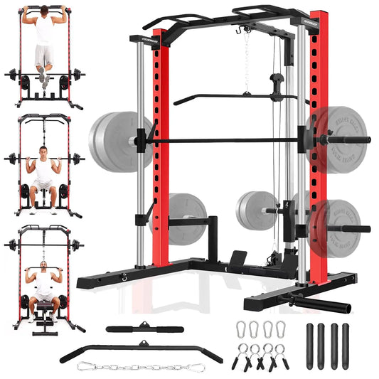 All-in-One Smith Machine Power Rack with LAT Pull Down System, Pull Up Bar, Barbell Bar, Plate Storage Pegs and, Customized