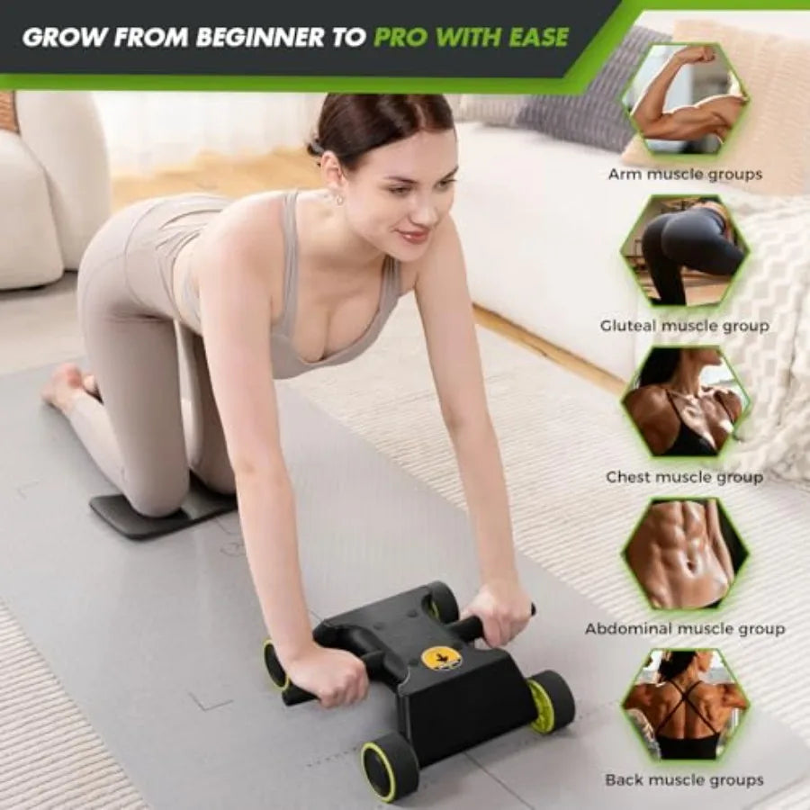 Ab Roller with Elbow Support for Core Workout 4-Wheel Mini Pilates Reformer Machine in Black Compact Home Gym Equipment for Abd