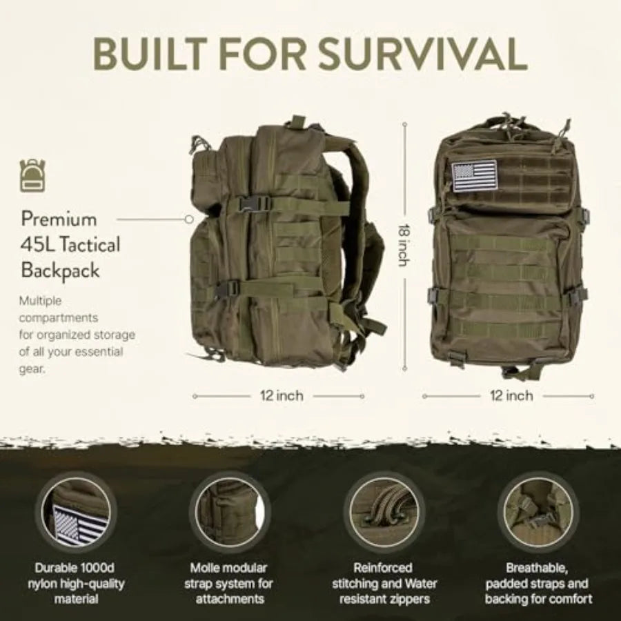 72-Hour Survival Kit Emergency Bug Out Bag with First Aid Water Filter Food Tools 45L Tactical Backpack for Camping Hiking Outd