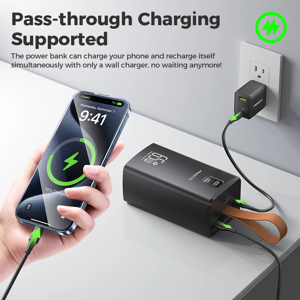 PISEN 60000mAh Large Capacity Power Bank PD3.0 65W Fast Charging Powerbank With Outdoor Camping Lamp For iPhone Laptops MacBook