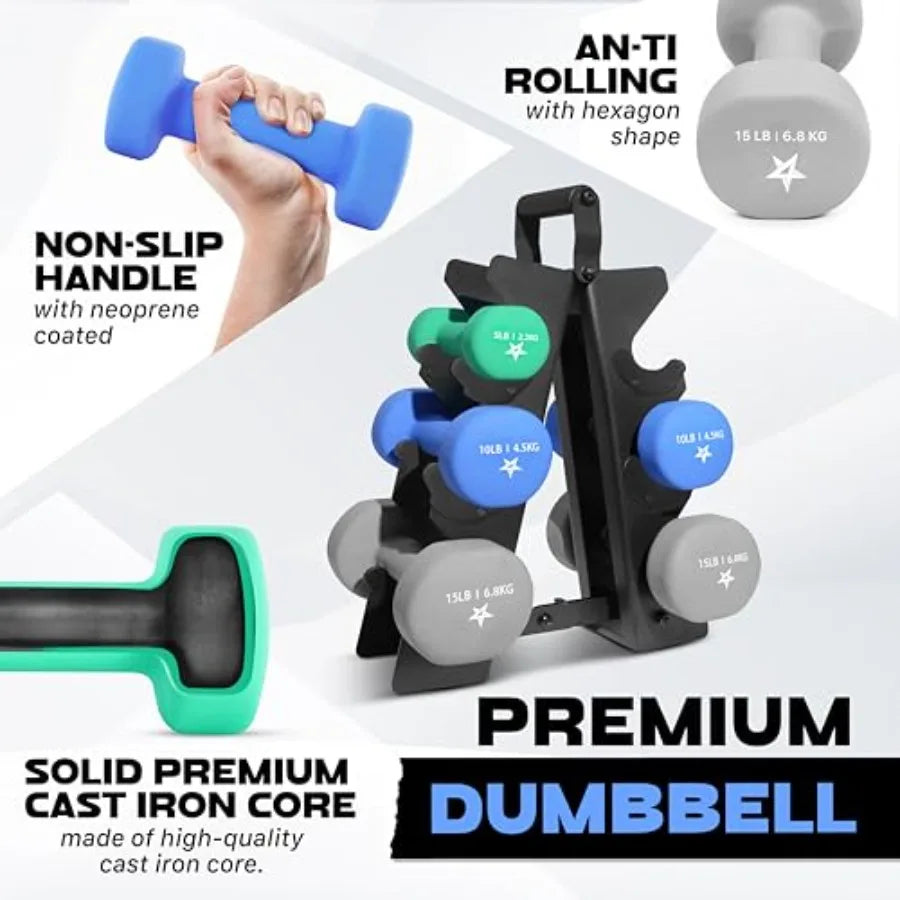 Neoprene Coated Dumbbell Hand Weight Sets of 2 - Multiple Weight Options with 15 Colors Anti-roll Anti-Slip Hexagon Shape