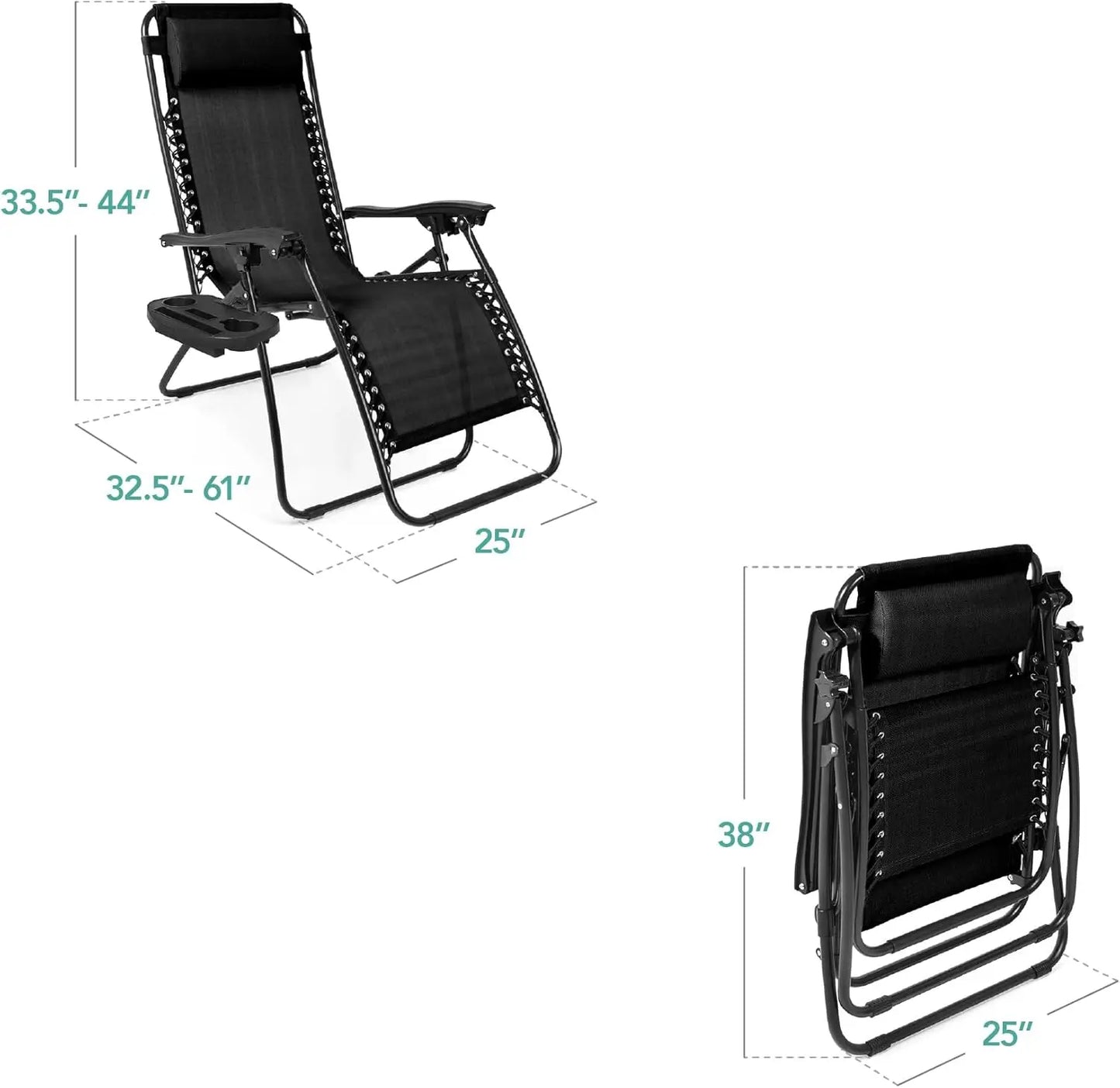 Products Set of 2 Adjustable Steel Mesh Zero Gravity Lounge Chair Recliners w/Pillows and Cup Holder Trays - Black