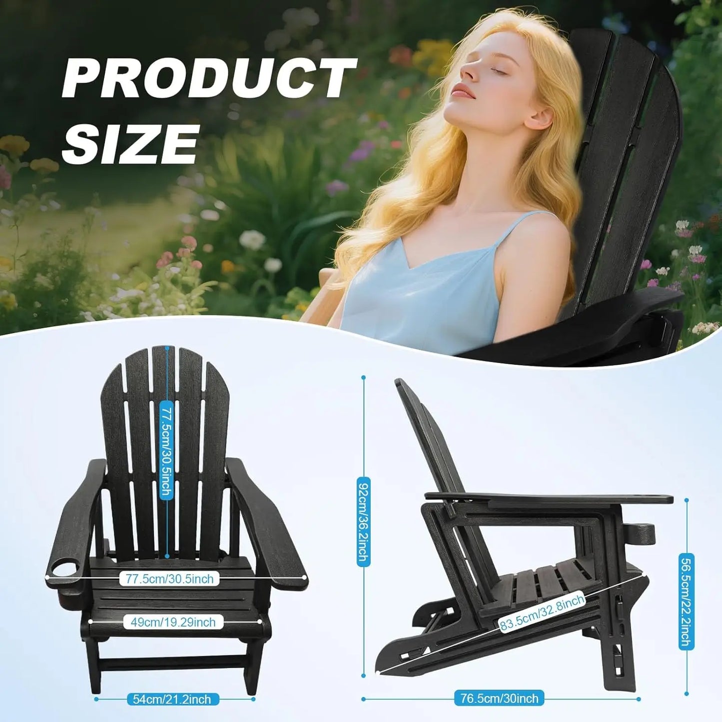 Plastic Beach Lounge Chair Fixed Design Detachable Durable with Cup Holder Black for Outdoor Garden Relaxation-Unfoldable/Study