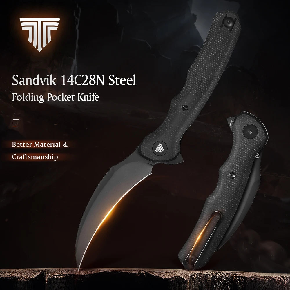 TRIVISA EDC Pocket Folding Knife for Men ,Pikal Flipper Knife with Clip，3.34" 14C28N Steel Hawkbill Blade & Micarta Handle