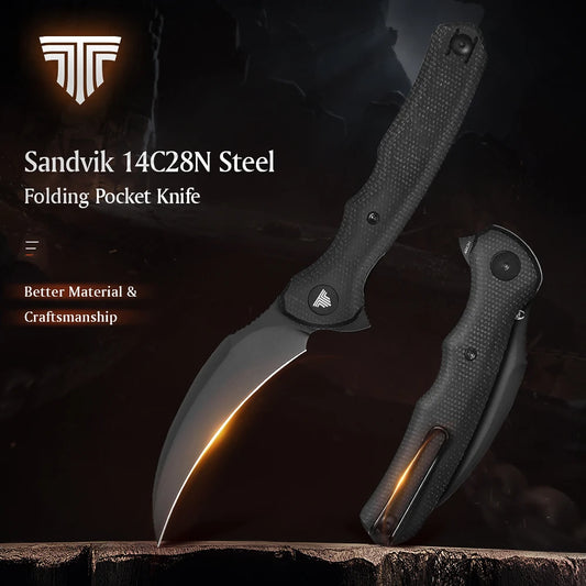 TRIVISA EDC Pocket Folding Knife for Men ,Pikal Flipper Knife with Clip，3.34" 14C28N Steel Hawkbill Blade & Micarta Handle