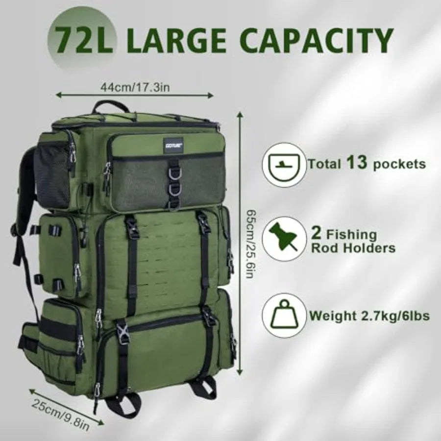 Fishing Backpack with Cooler 72L Large 600D Tackle Backpack with Rod Holders Dry Wet Split Compartment Adjustable Main Compartm