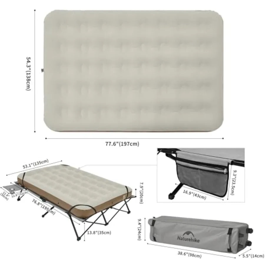 Queen-Sized Airbed Cot Combo Folding 2 Person Camping Cot with Air Mattress Side Table and Wheeled Carry Bag Camping Bed for Ou