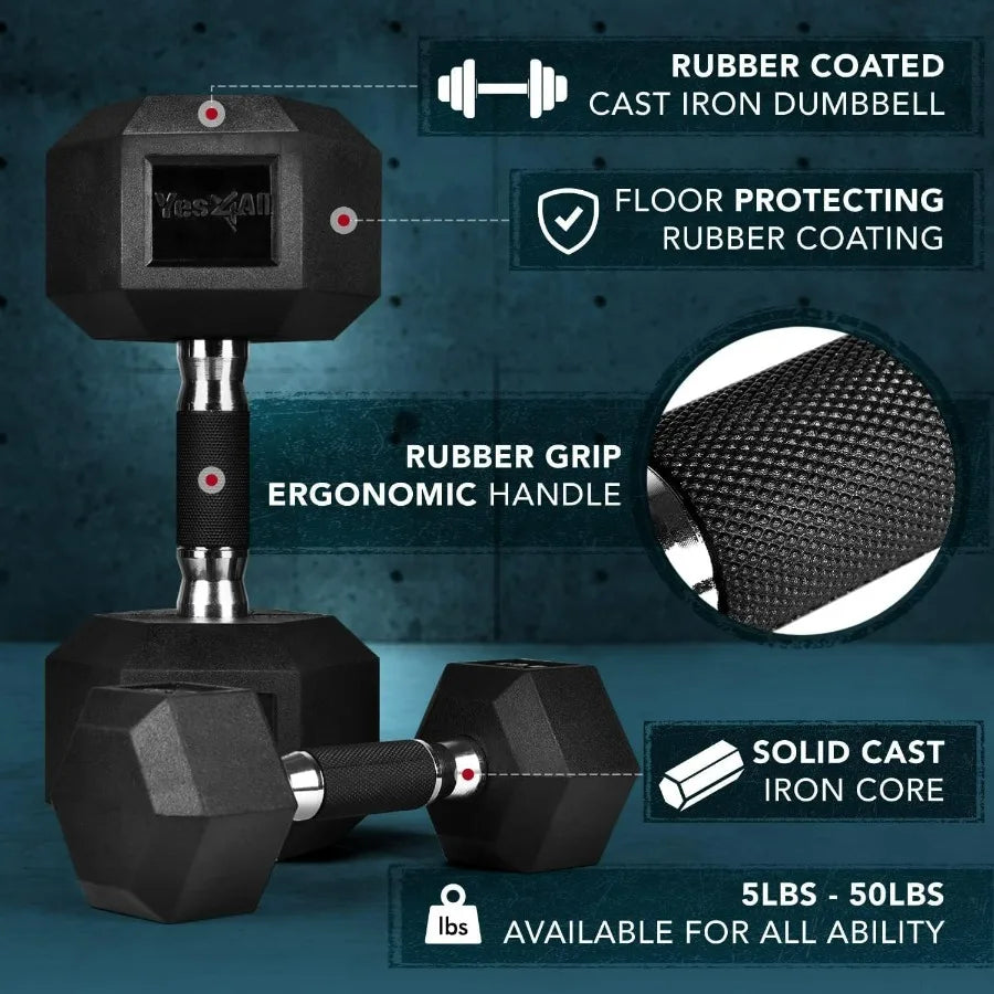 Rubber Grip Encased Hex Dumbbells – Hand Weights With Anti-Slip 10 LBS Pair/Set