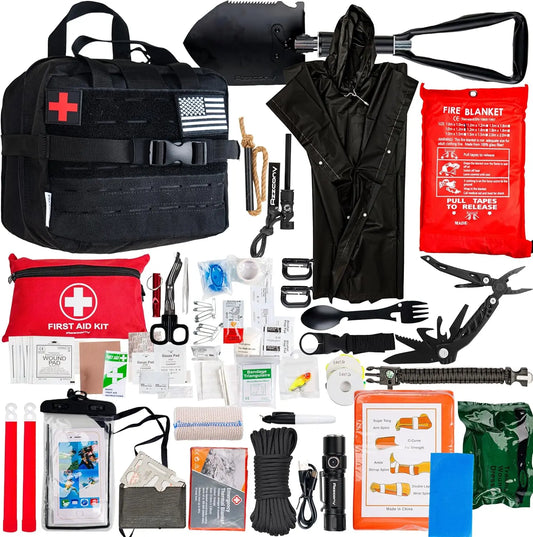 Emergency Survival Kit with First Aid Gear & Supplies - EDC Go Bag for Camping Outdoor - Tactical Molle Pouch Backpack Gift