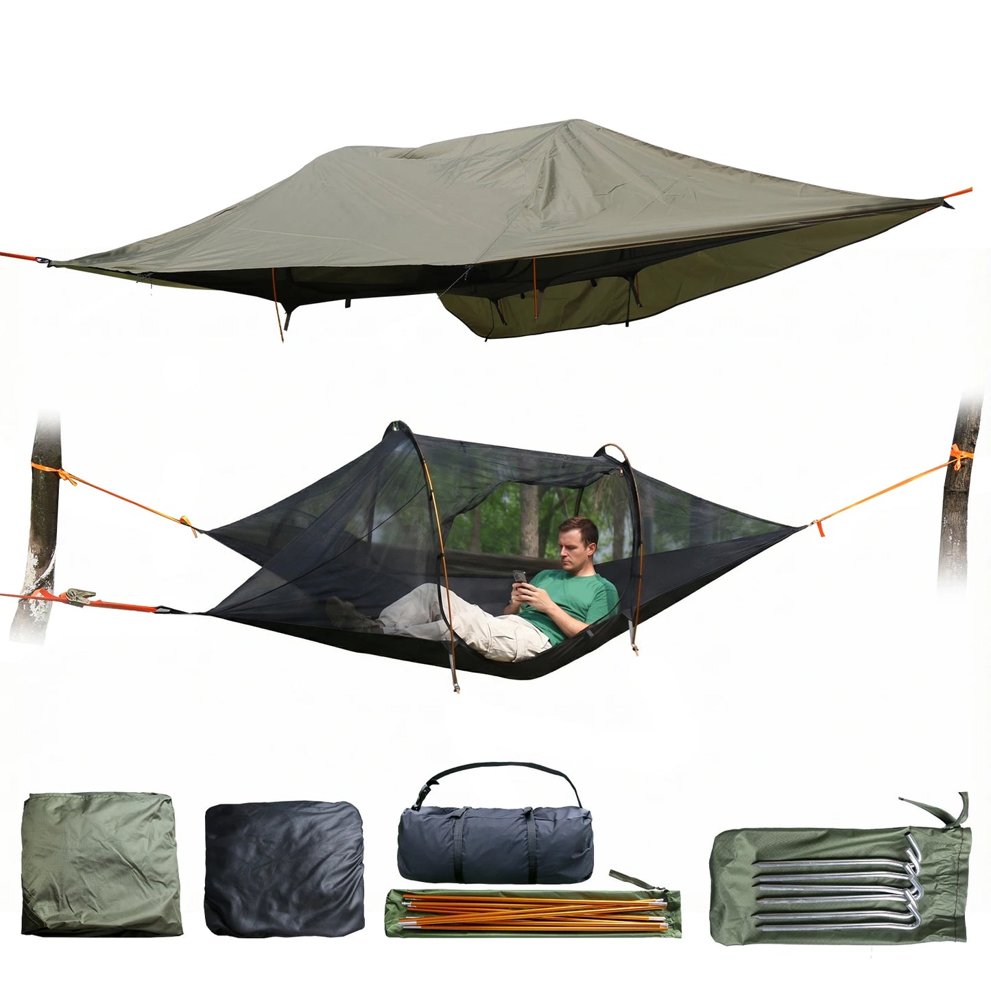 Waterproof Tactical Tent w/ Mosquito Net & RainFly Lay Flat Hammock 660 LBS Load Capacity 3 Hang Point Camping Sunshade Awning