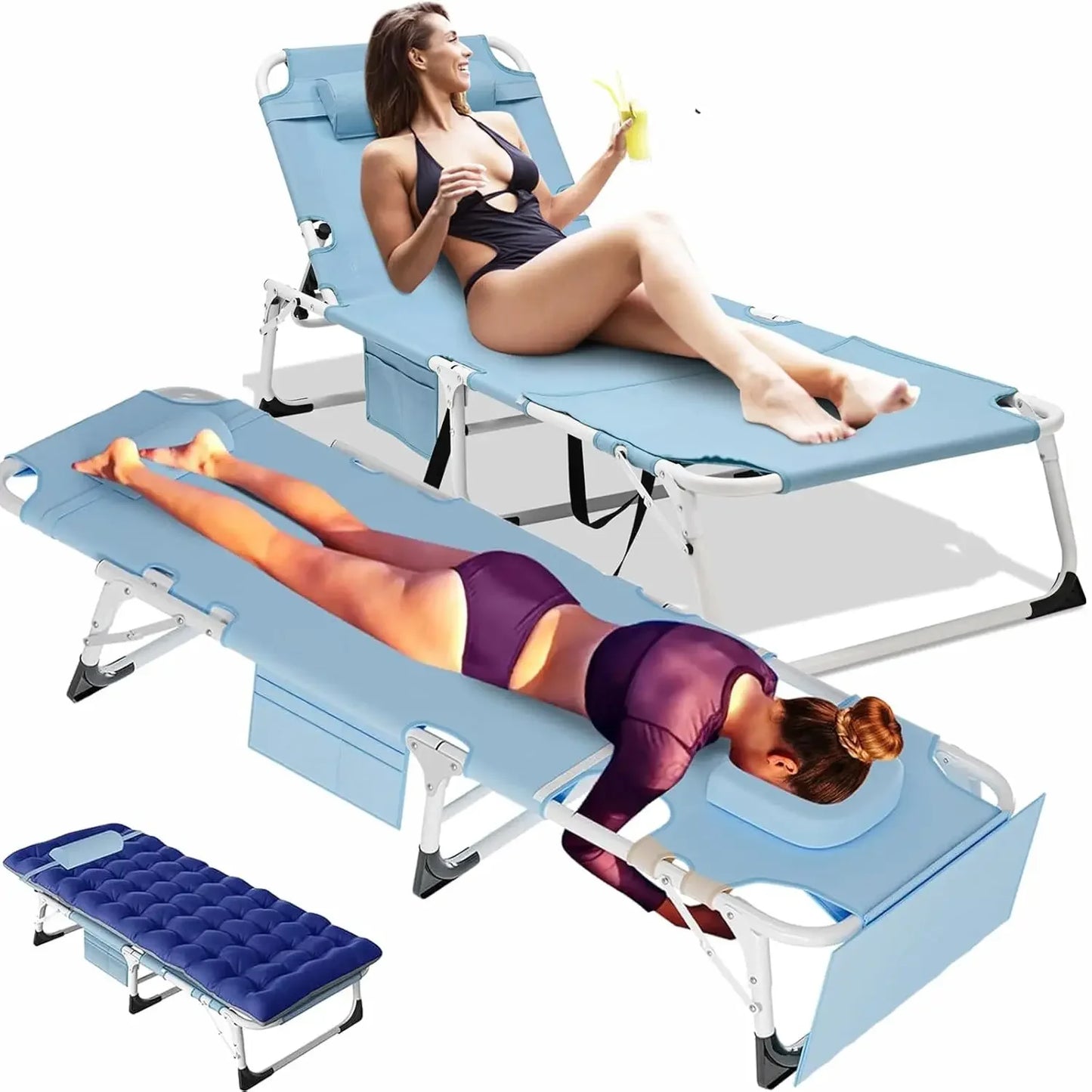 Heavy Duty Tanning Chair Folding Beach Lounger with Face Arm Hole, 5-Position Adjustable Patio Chaise Lounge, Customized