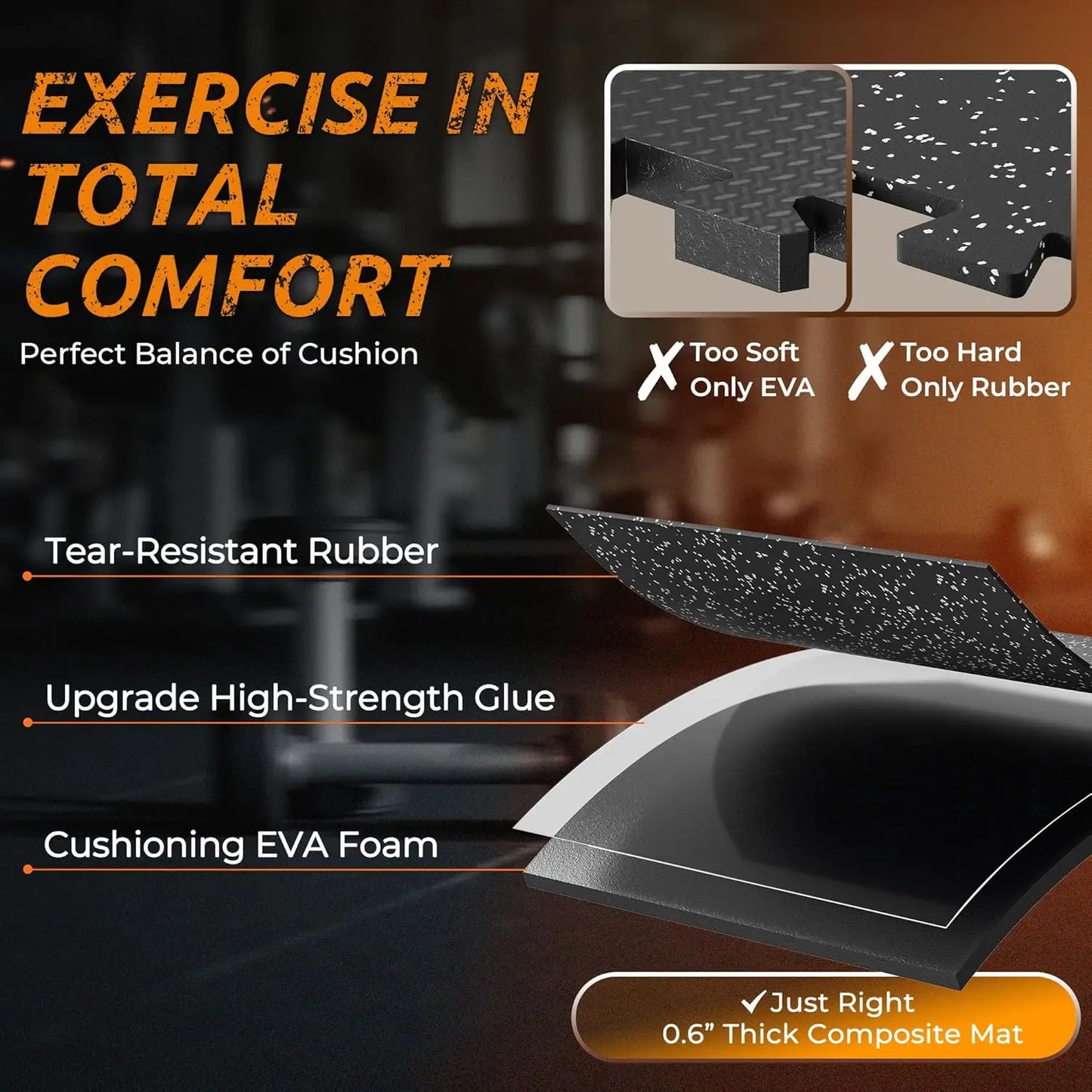 0.6" Thick Interlocking Rubber Gym Mats, 12 Pcs 48 Sq Ft High Density EVA Foam Flooring for Home Garage Workout