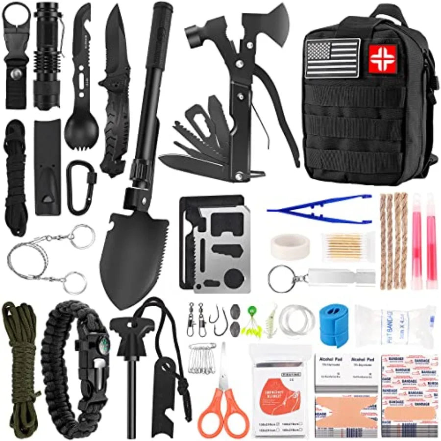Emergency Survival Kit and First Aid Kit, 142Pcs Professional Survival Gear and Supplies Equipment with Molle Pouch, Gift for C