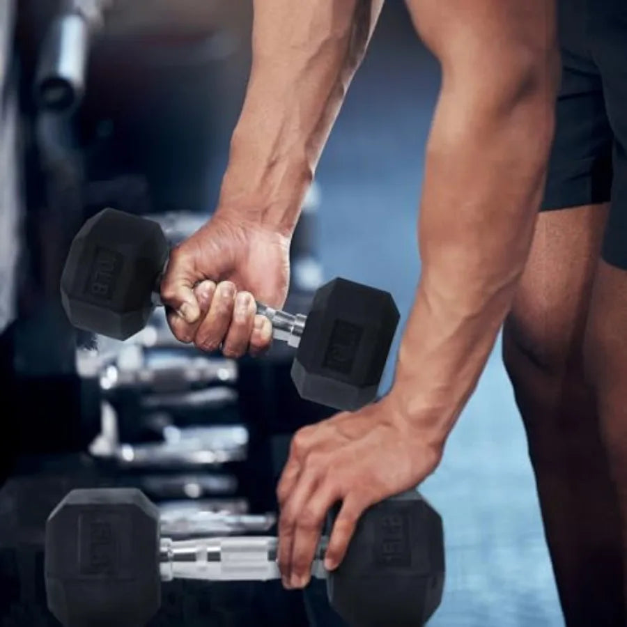 Signature Fitness Rubber Encased Hex Dumbbells with Optional Rack 10 15 20LB Pairs and 10 15 20LB Pairs Weight Sets for Home Gy