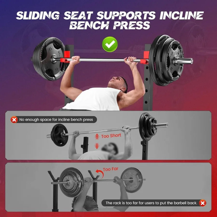 Foldable Adjustable Weight Bench Set with Squat Rack for Home Gym 900 LBS Ccity Flat/Incline/Decline Steel Frame Black Durable