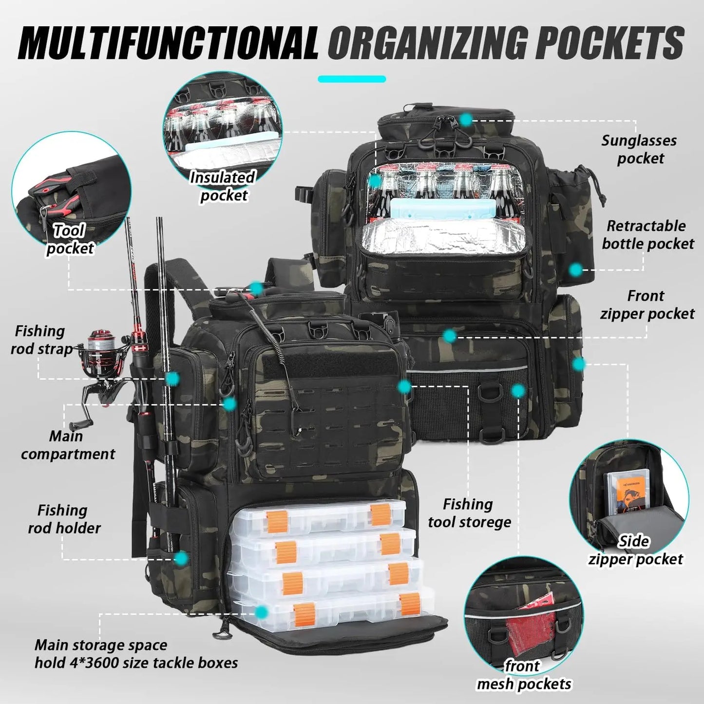 Large Insulated Fishing Backpack with Tackle Boxes, Rod Holders, Cooler - 50L Tactical Gear for Outdoor Adventures