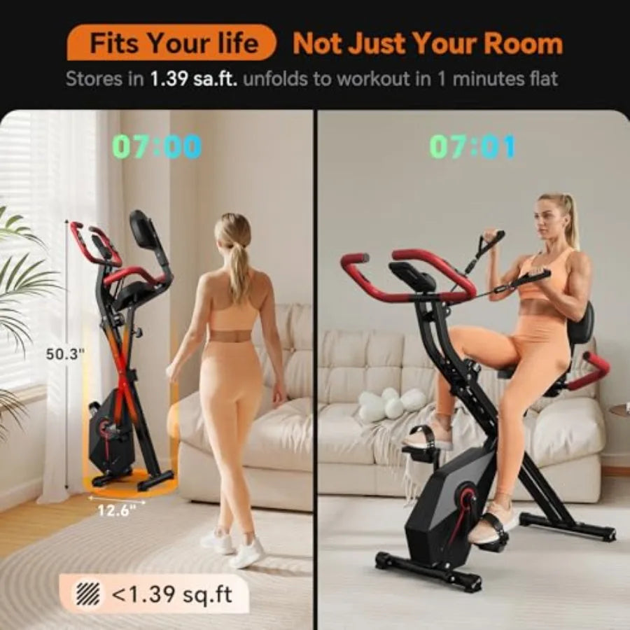Foldable Exercise Bike for Small rtment Home Use with 5.5lb Flywheel and Arm Resistance Bands 300LB Ccity 10dB Quiet Operation