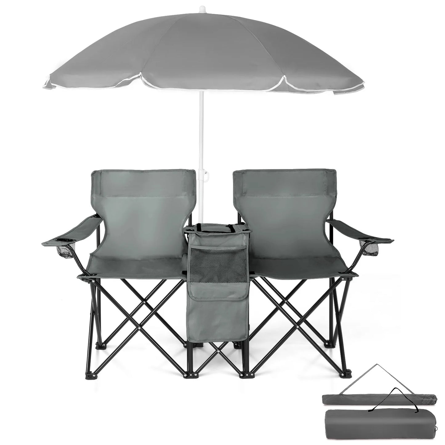 Folding Camping Outdoor Picnic Double Chairs with Umbrella Table Cooler Beach