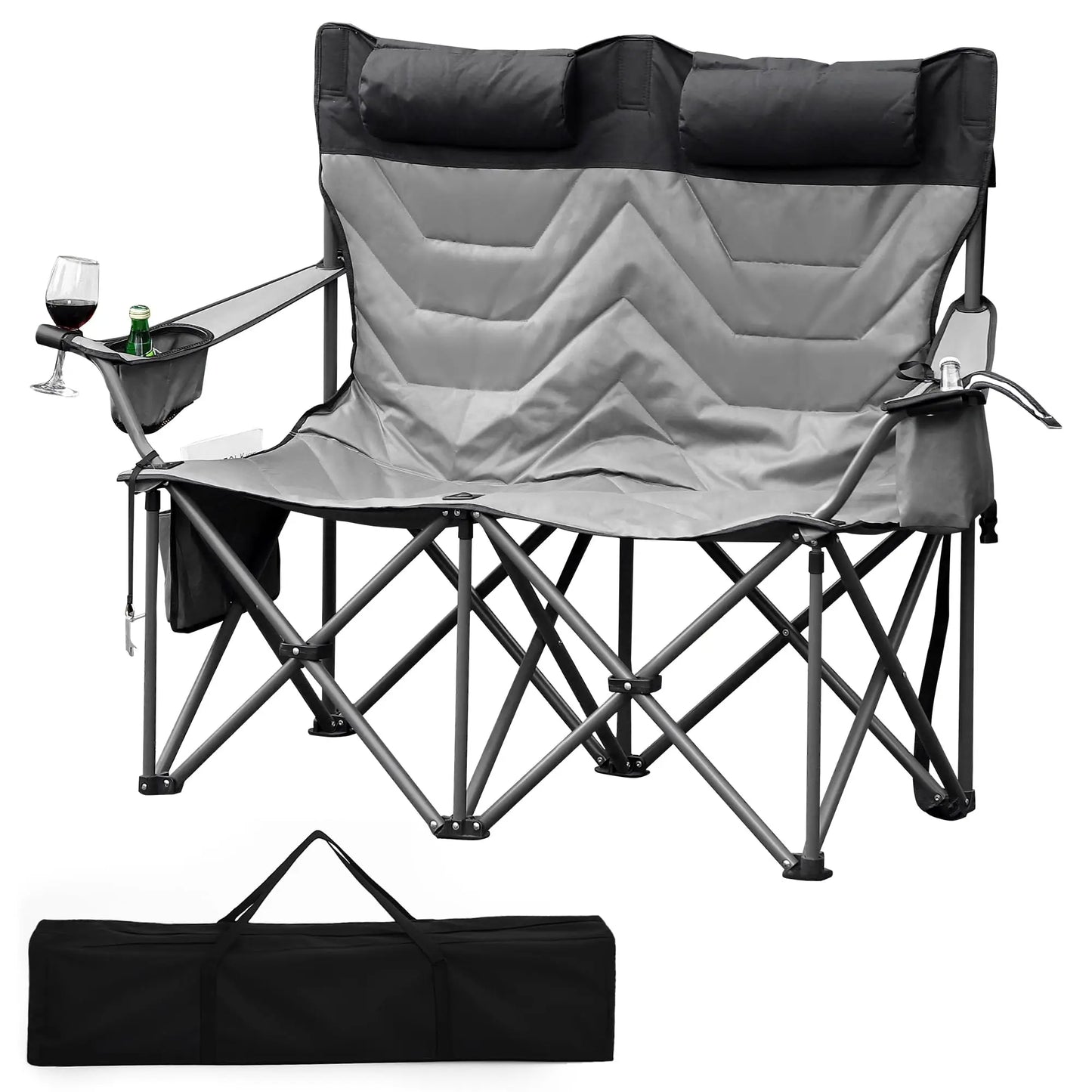 Oversized Camping Chair, 900LBS Capacity Fully Padded Folding Loveseat With Cup Holders & Carry Bag For Outdoor Activities