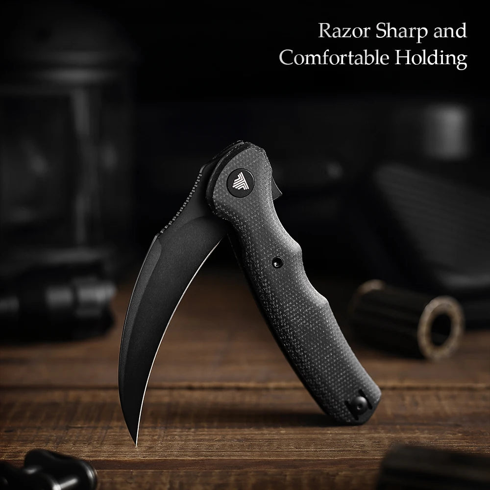TRIVISA EDC Pocket Folding Knife for Men ,Pikal Flipper Knife with Clip，3.34" 14C28N Steel Hawkbill Blade & Micarta Handle