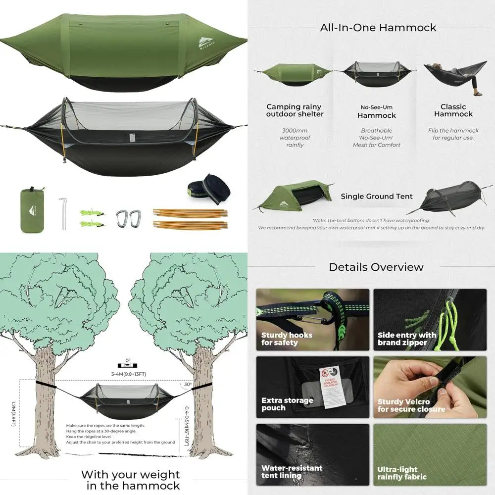 Camping Hammock Tent with Mosquito Net & RainFly, 3 in 1 Waterproof Lightweight Portable Sleeping Hammock Bug, Travel Outdoor Ge