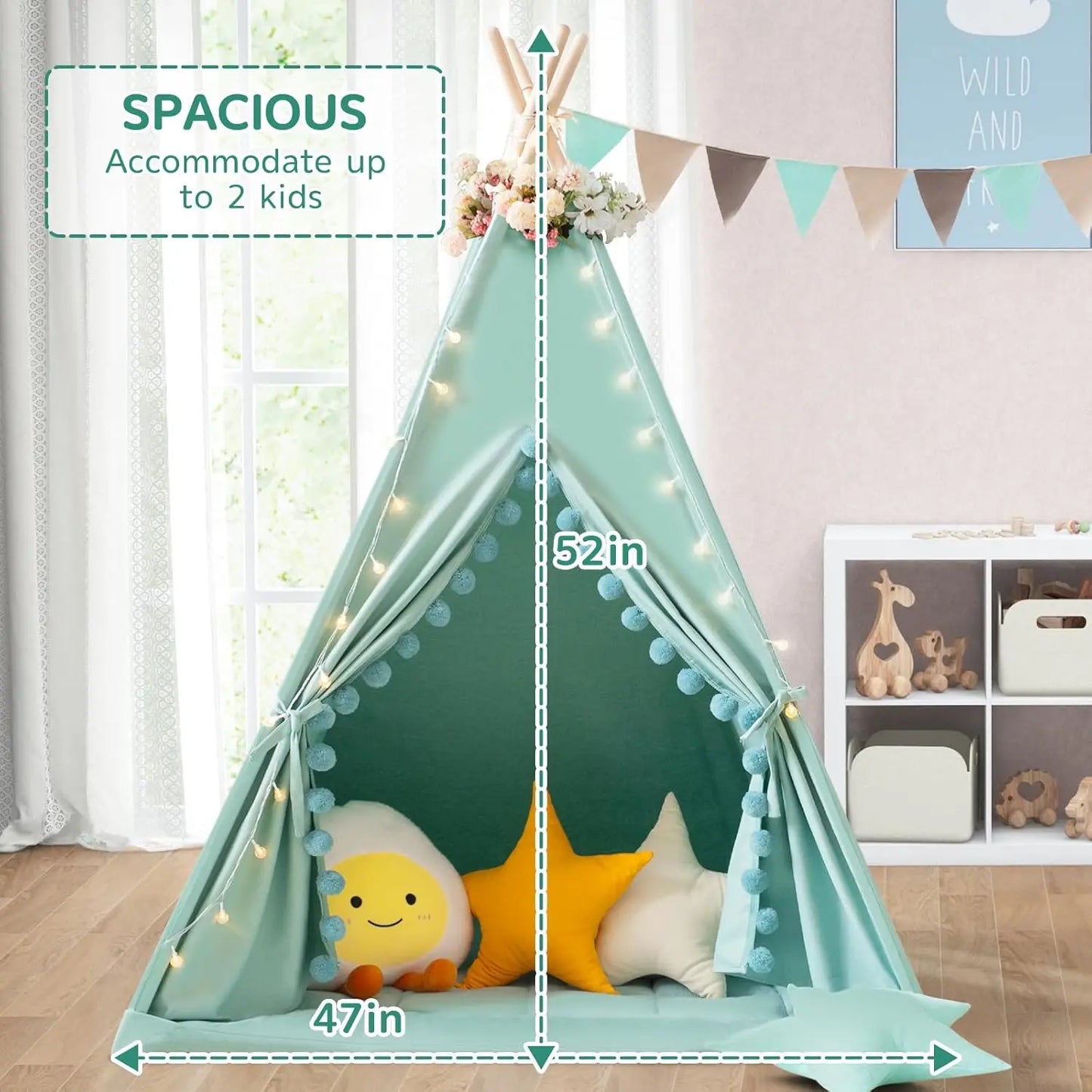 Kids Teepee Tent with Padded Mat, Stars Lights, Carry Bag - Green Indoor Play Tent for Boys and Girls