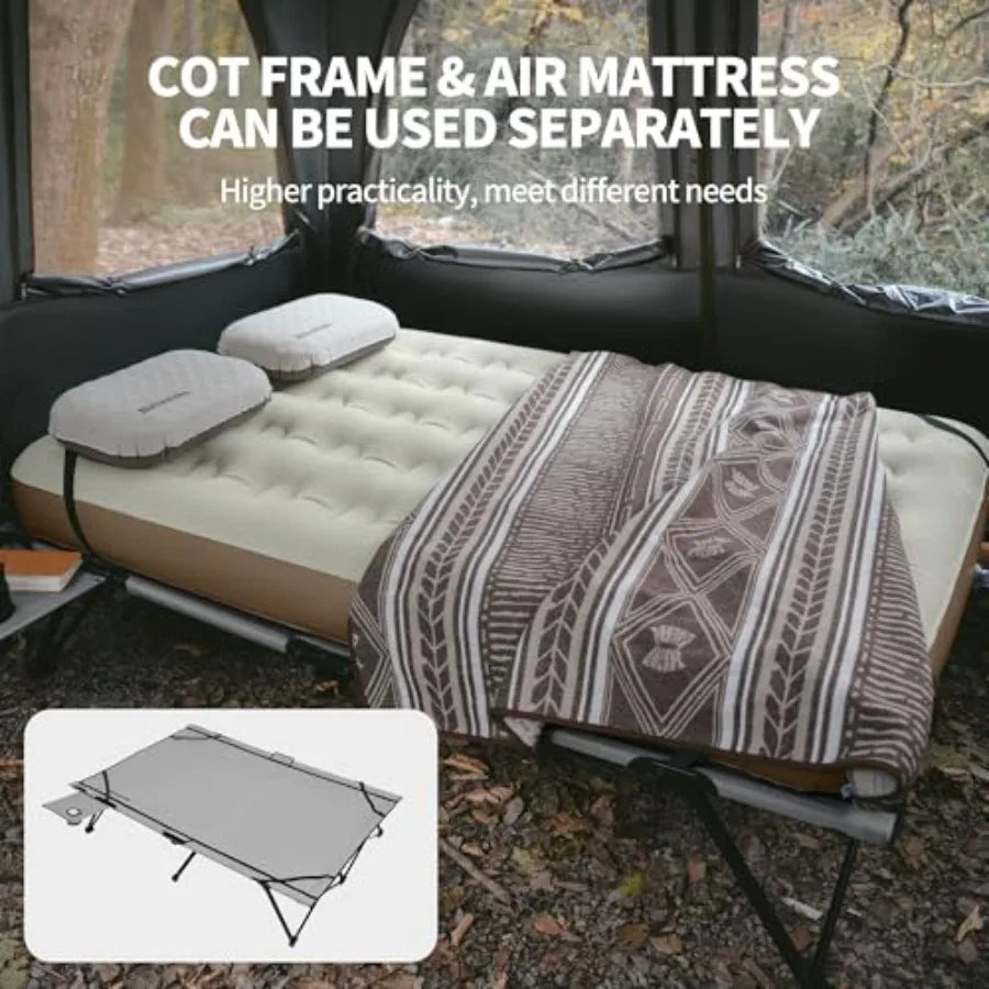 Queen-Sized Airbed Cot Combo Folding 2 Person Camping Cot with Air Mattress Side Table and Wheeled Carry Bag Camping Bed for Ou