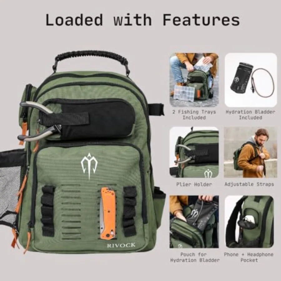Fishing Tackle Backpack with Rod Holder 2 Tackle Boxes35L Tackle Storage Bag Insulated Cooler Backpack Hydration Bladder Hiking