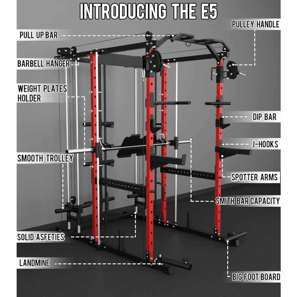 Eonfit E5 Smith Machine with Vertical Leg Press, Power Cage Squat Rack with LAT-Pull Down Cable Crossover Rotating, Customized