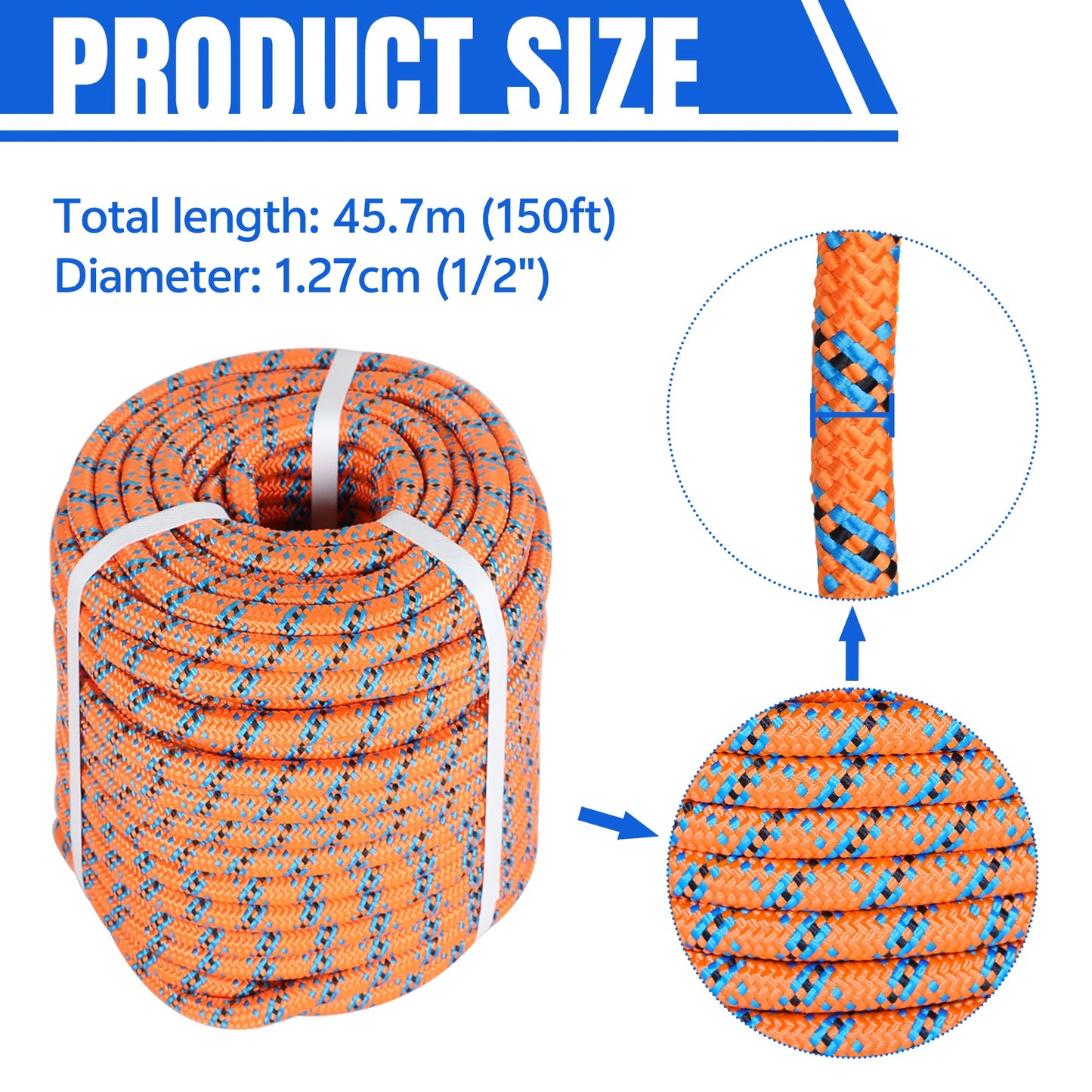 1/2 Inch 32 Strand Braided Polyester Rope 150Ft Orange-Blue-Black-for Tree Climbing Rigging, Arborist