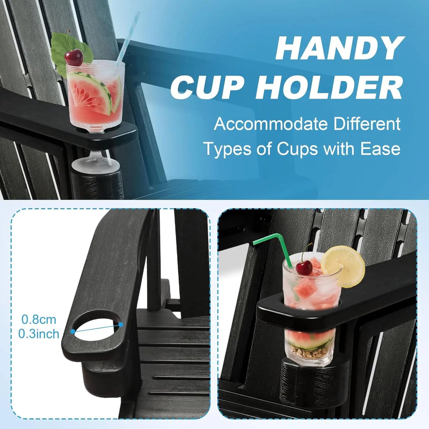 Plastic Beach Lounge Chair Fixed Design Detachable Durable with Cup Holder Black for Outdoor Garden Relaxation-Unfoldable/Study