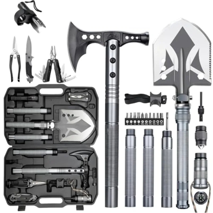 Multifunctional Folding Tactical Shovel Hatchet Combo with Axe Flashlight and Extension Handles in Black for Camping Cycling Hi