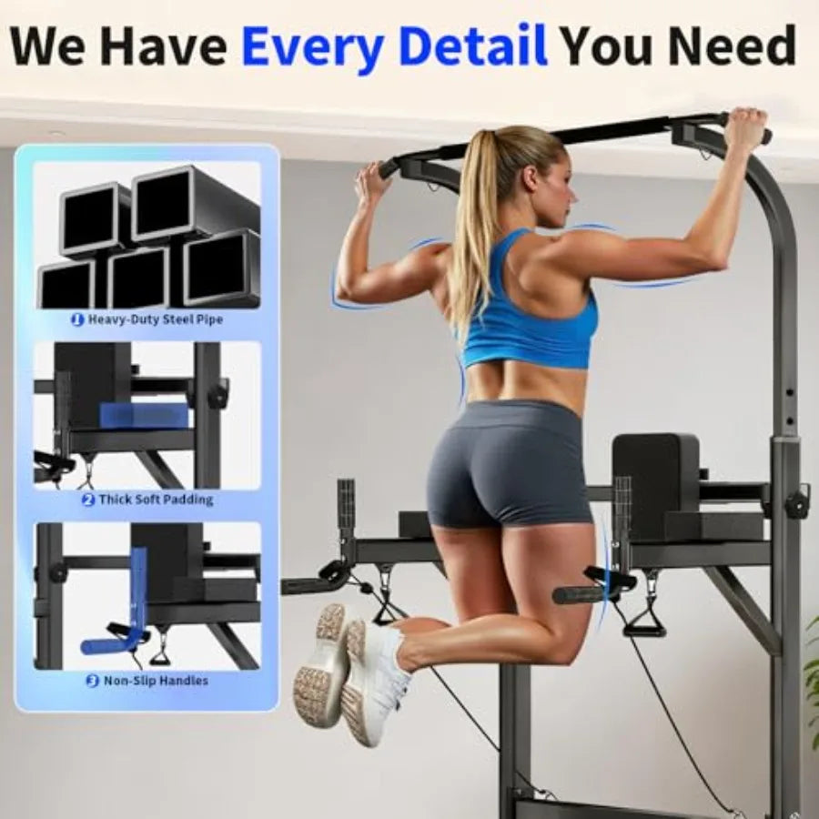 Adjustable Pull Up Bar Power Tower Dip Station for Home Gym Workout Multi-Function Strength Training Equipment in Black Steel w
