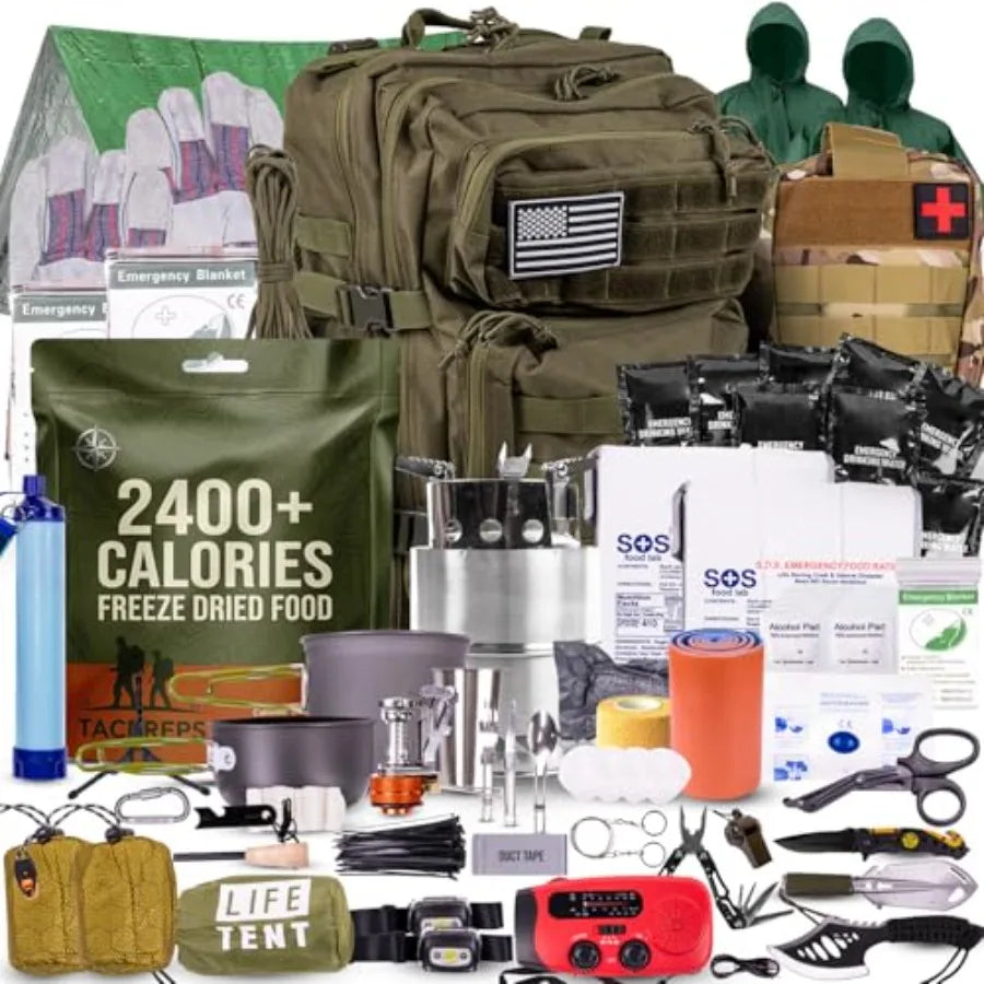 72-Hour Survival Kit Emergency Bug Out Bag with First Aid Water Filter Food Tools 45L Tactical Backpack for Camping Hiking Outd