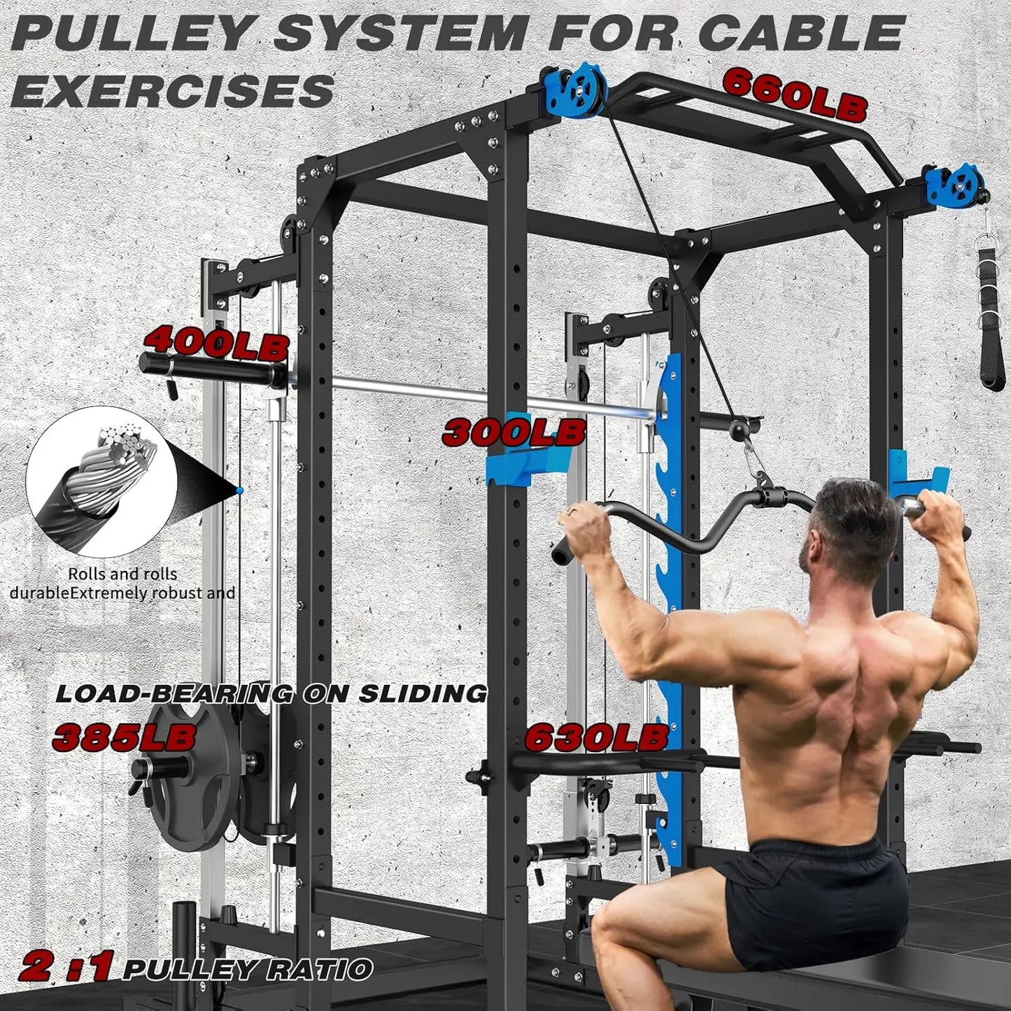 Power Cage with Cable Crossover/Smith Machine System LAT-Pull Down System Power Rack Squat Rack Training, Customized