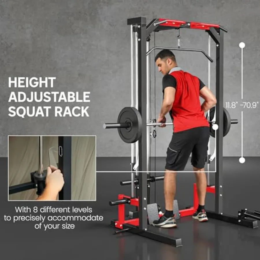 Power Cage Smith Machine Multi-Function Power Rack with Pull Up Bar LAT Pull Down System and Squat Rack Barbell Bar Plate Stora