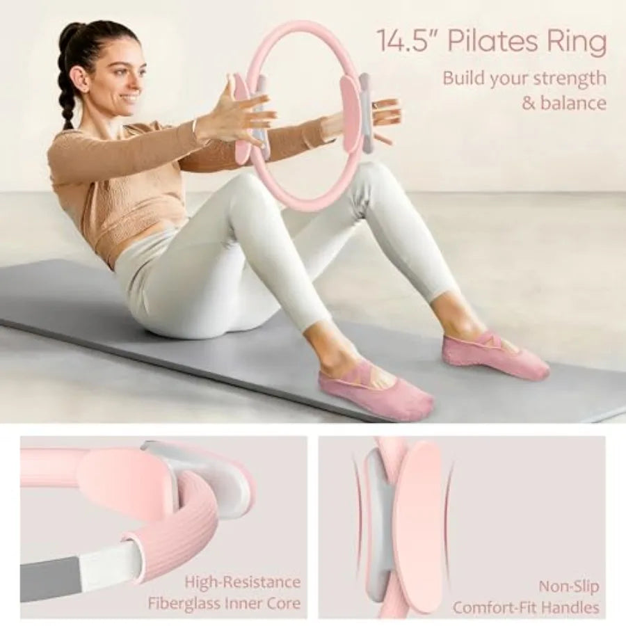 Pilates Kit 18PCS for Women Home Workouts Pilates Equipment with 14.5 Ring and Ball 7 Resistance Bands Ankle Weights Sliders Gr