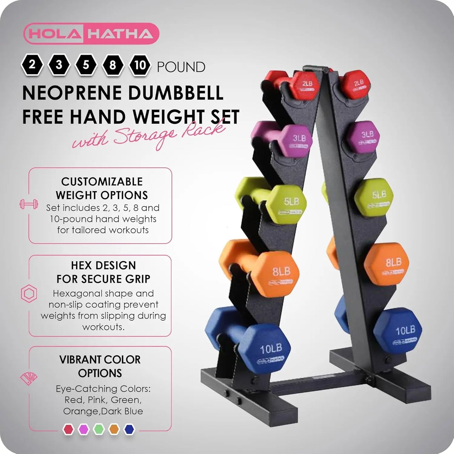 Pastel Hexagonal Dumbbell Set with Rack: 2,3,5,8,10 lbs for Home Fitness and Strength Training