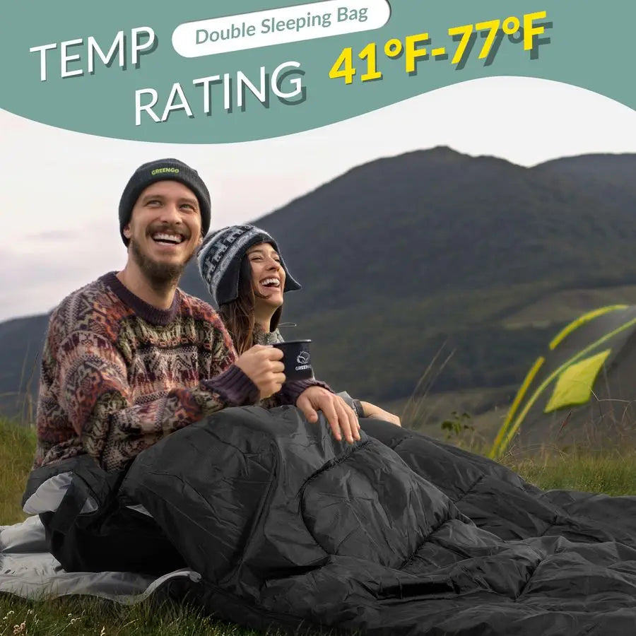 Double Sleeping Bag 2 Pillows for Adults, Queen Size XL Sleeping Bag Waterproof, Compact with Compression Sack, 2 Person Sleepin