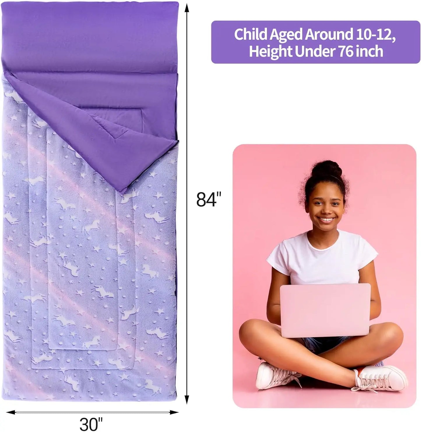 Glow in The Dark Sleeping Bag for Kids 10-12 Years, Soft Nap Mat with Pillow & Blanket for Travel Camping