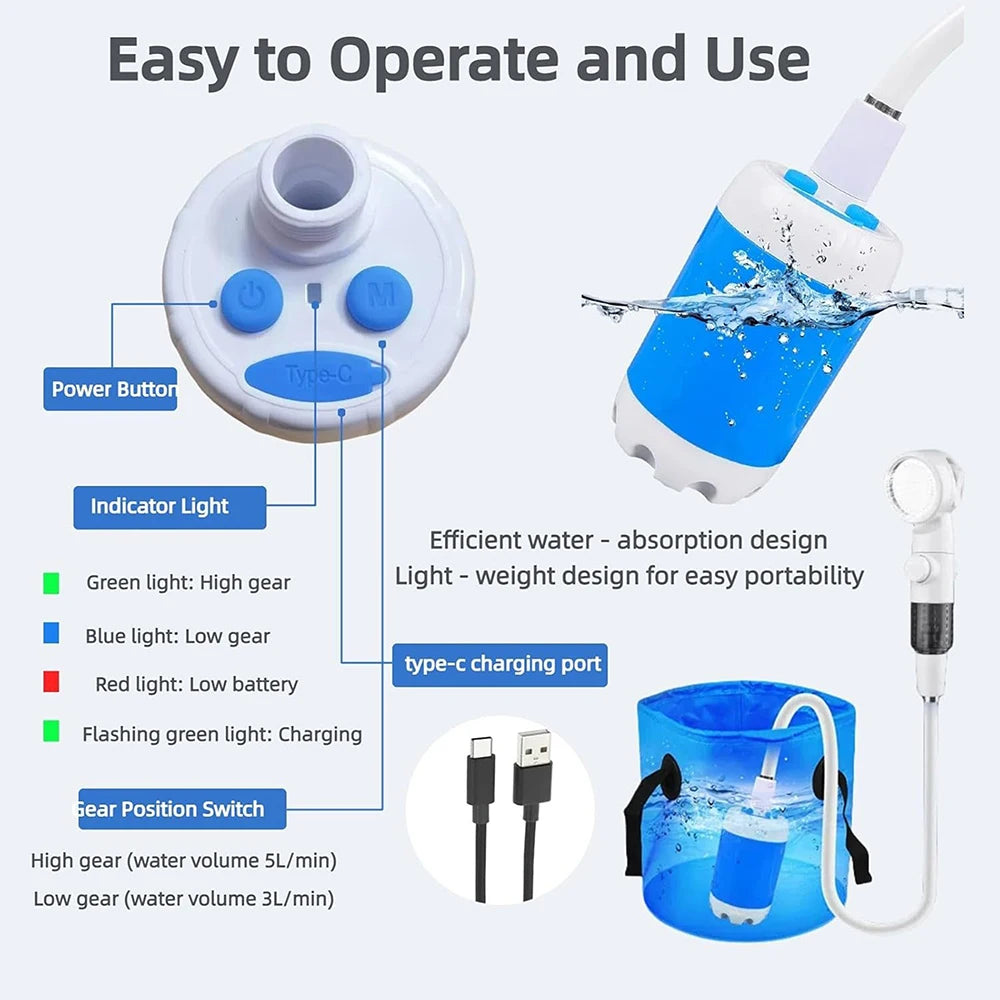 Rechargeable Portable Outdoor Shower Handheld Pump for Camping Hiking Travel Beach Pet Bath Car Washing Watering Cleaning