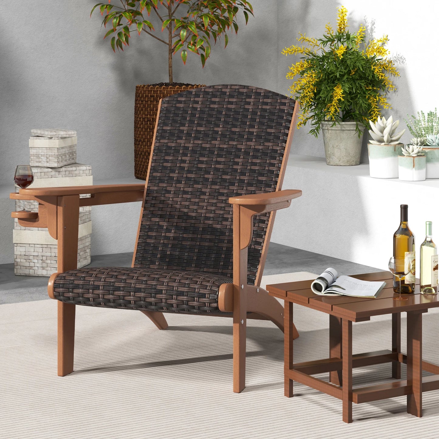 Patio Adirondack Chair w/ Rattan Padded Seat Wide Armrests & Hidden Cupholder