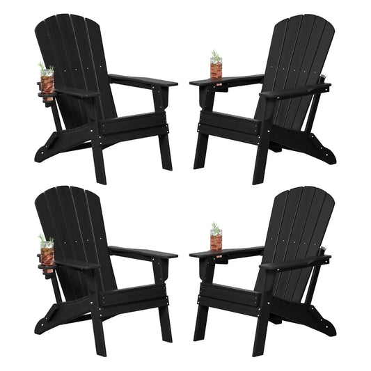 Folding Adirondack Chair Set of 4, Cup Holder，Wooden Textured ，Heavy All-Weather HDPE Comfortable Set Poolside, Customized