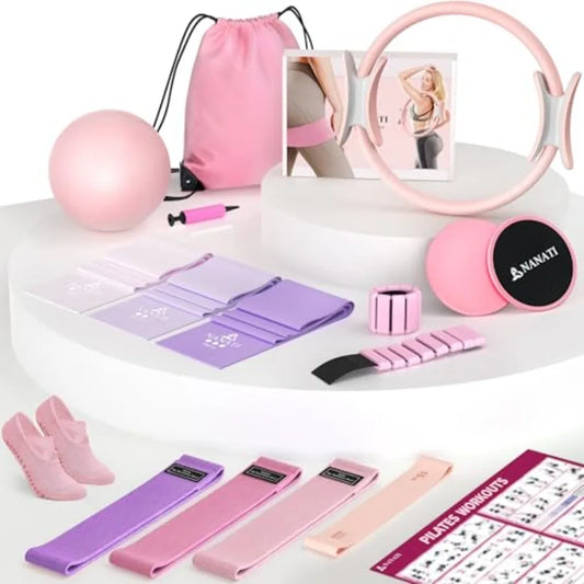Pilates Kit 18PCS for Women Home Workouts Pilates Equipment with 14.5 Ring and Ball 7 Resistance Bands Ankle Weights Sliders Gr