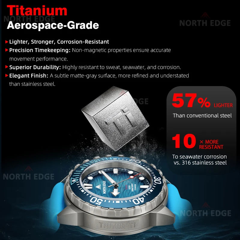 NORTH EDGE TRITON-Ti smartwatch Solar Powered Dive Watch Titanium Alloy Case Men Luxury Quartz Watches For Men Waterproof 300M