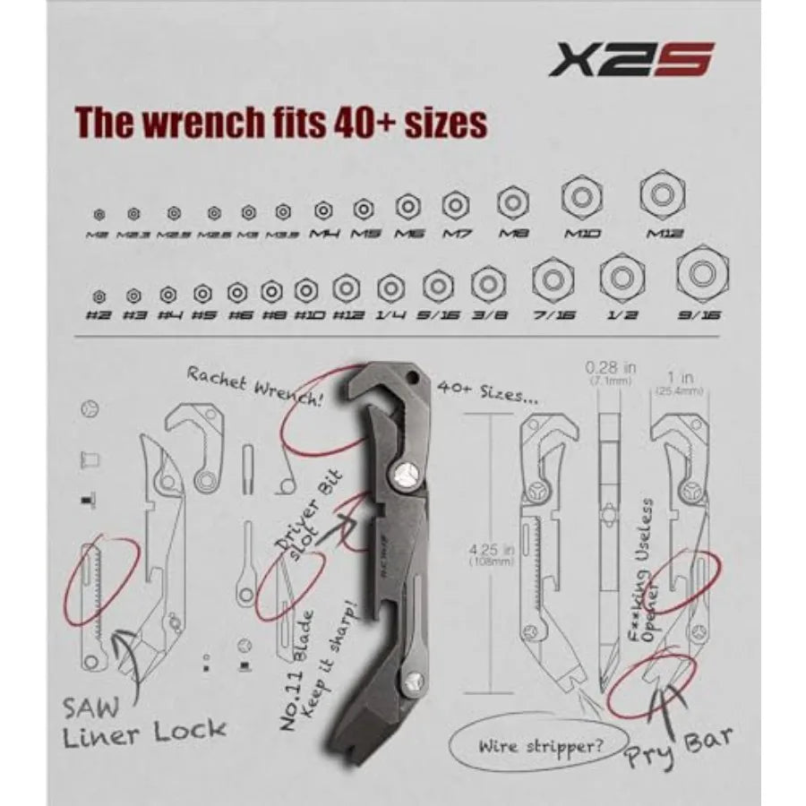 X2S Titanium 6-in-1 Multitool Clip with Wrench Pry Bar Crowbar Screwdriver Pocket Knife Bottle Opener for Camping Hiking EDC To