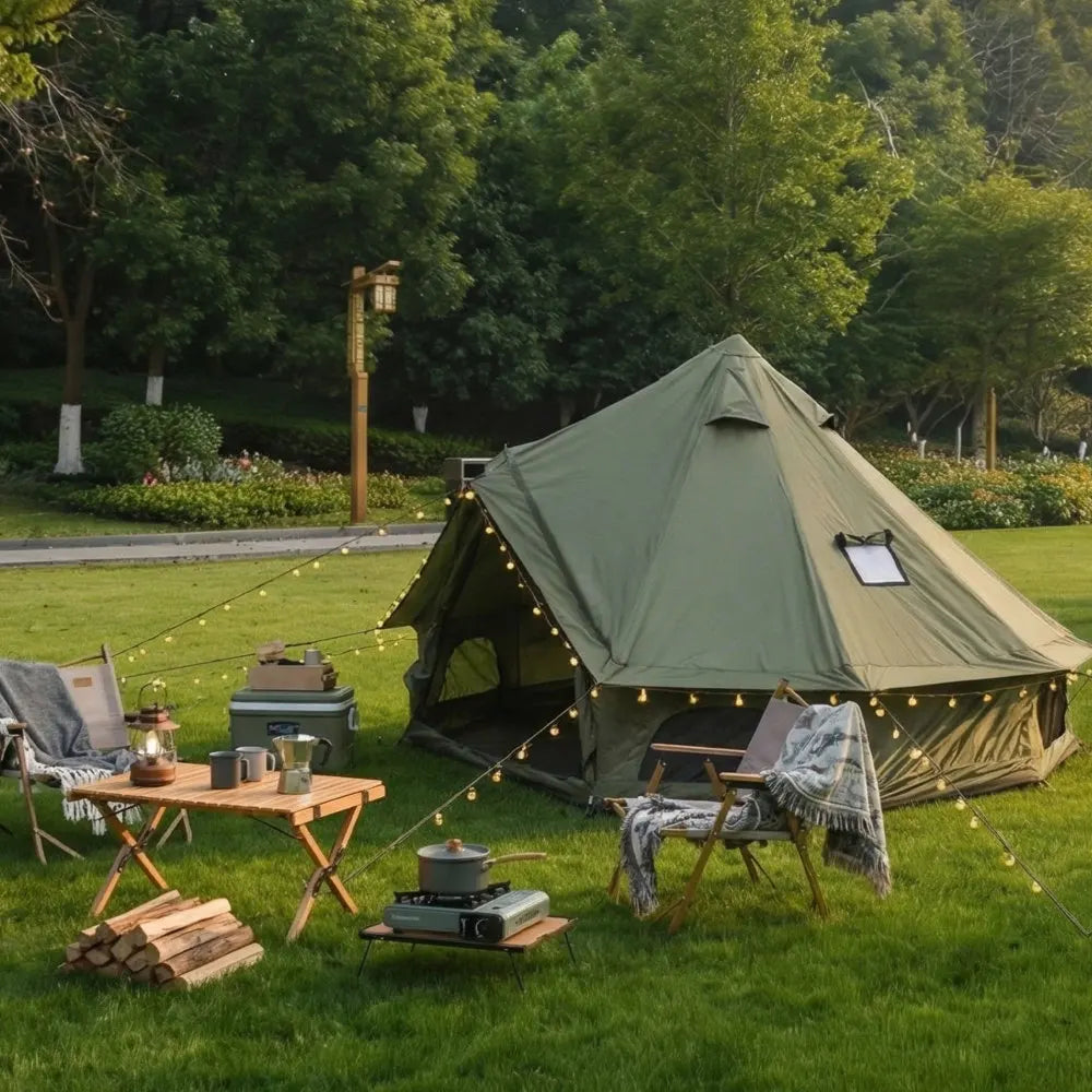 4 Season 9.8 FT Green Waterproof Bell Tent, Glamping Yurt with Stove Jack, 4-Person Family Tent for Outdoor Camping & Parties